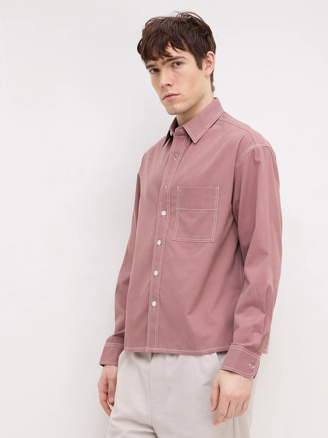 Serene Rouge Pink Contrast Stitch Boxy Fit Crop Cord Shirt