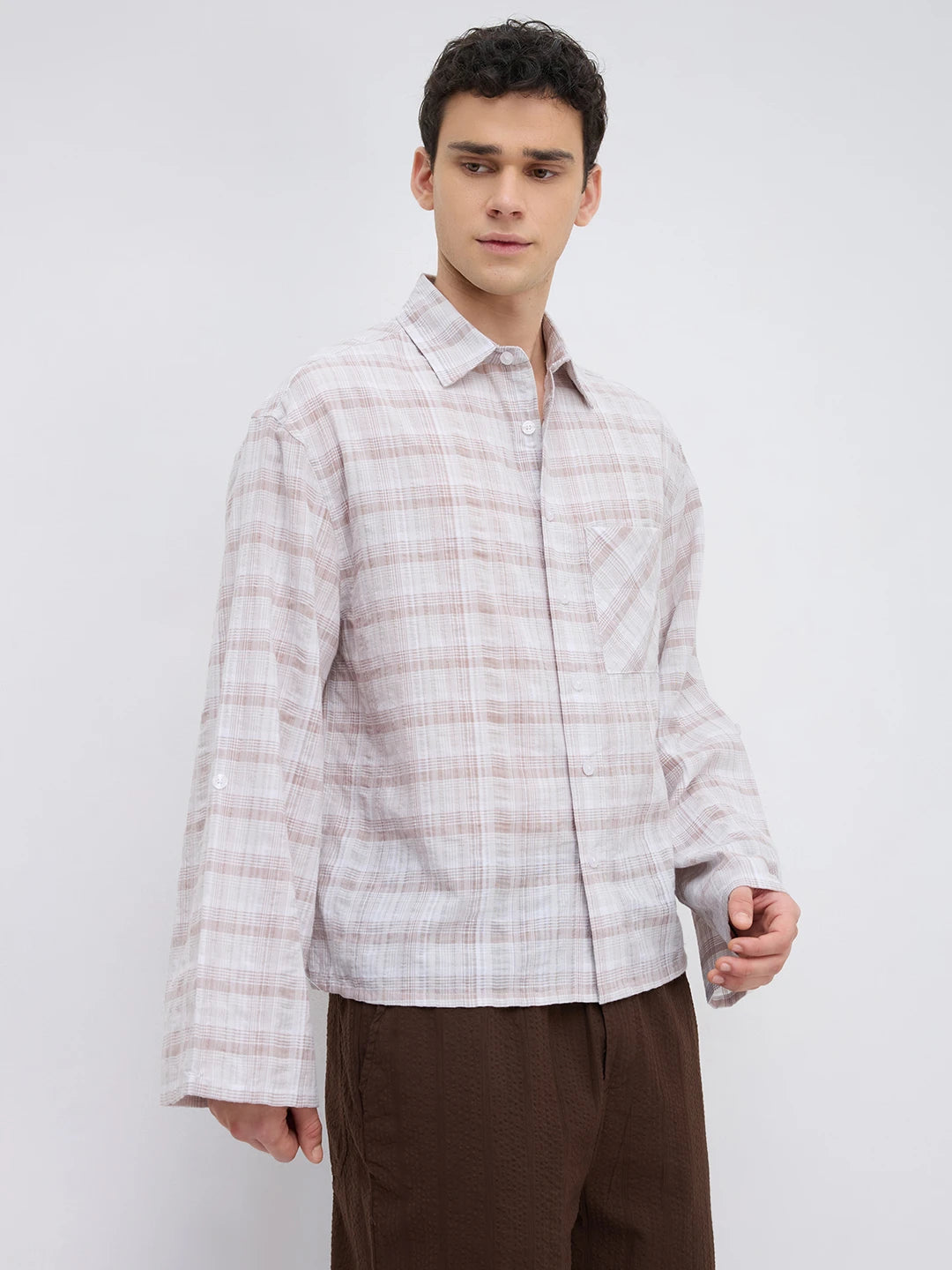 Taupe Brown Fine Checks Weave Oversized Crop Shirt
