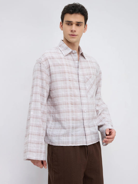 Taupe Brown Fine Checks Weave Oversized Crop Shirt