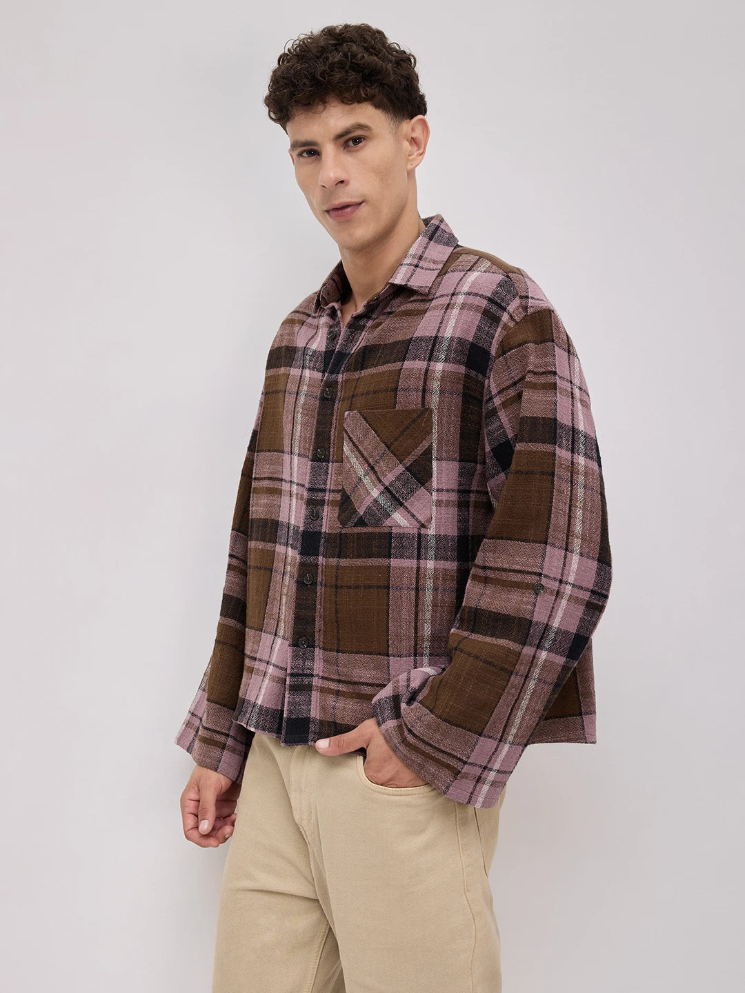 Luxe  Brown & Black Interlock Checks Cuffless Oversized Crop Shirt