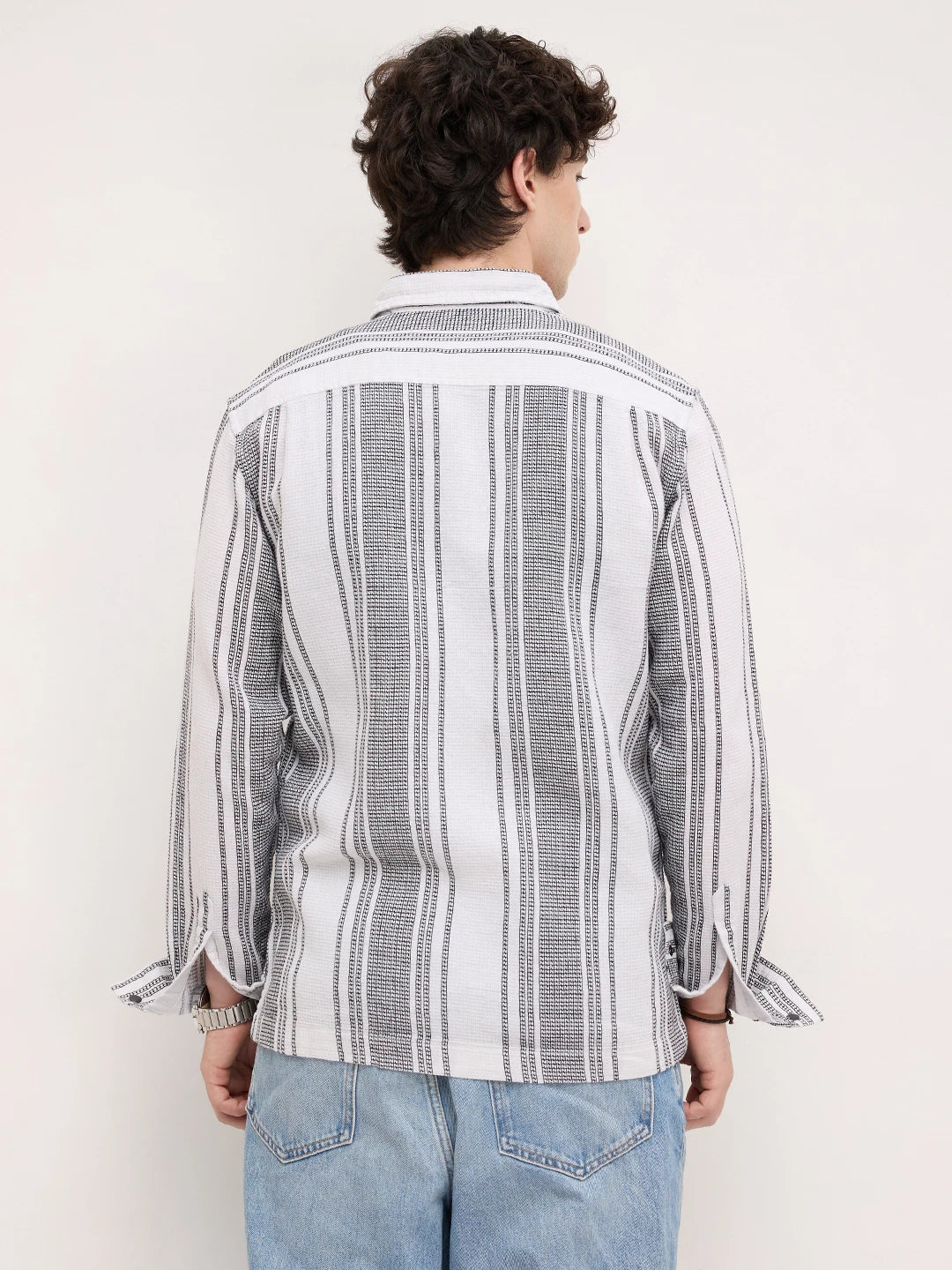 Refined White Double Pocket Waffle Striped Shirt