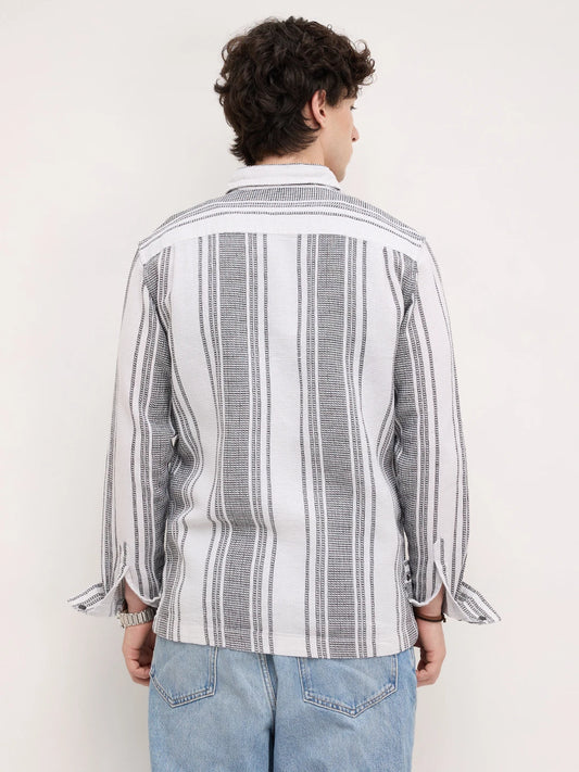 Refined White Double Pocket Waffle Striped Shirt