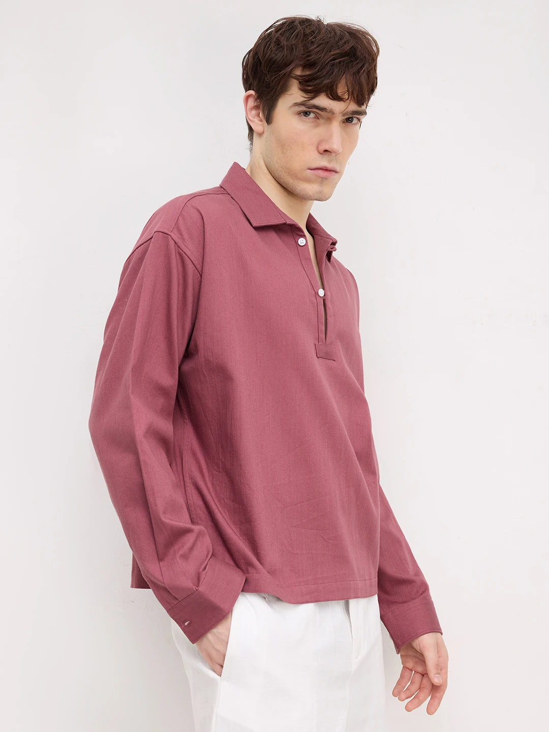 Dusty Rose Diagonal Textured Loop Button Oversized Shirt