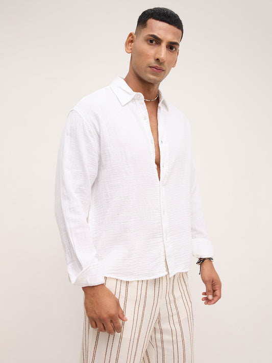 Cloud White Double Cloth Boxy Fit Crop Shirt