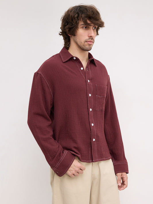 Solid Maroon Double Cloth Boxy Fit Crop Shirt