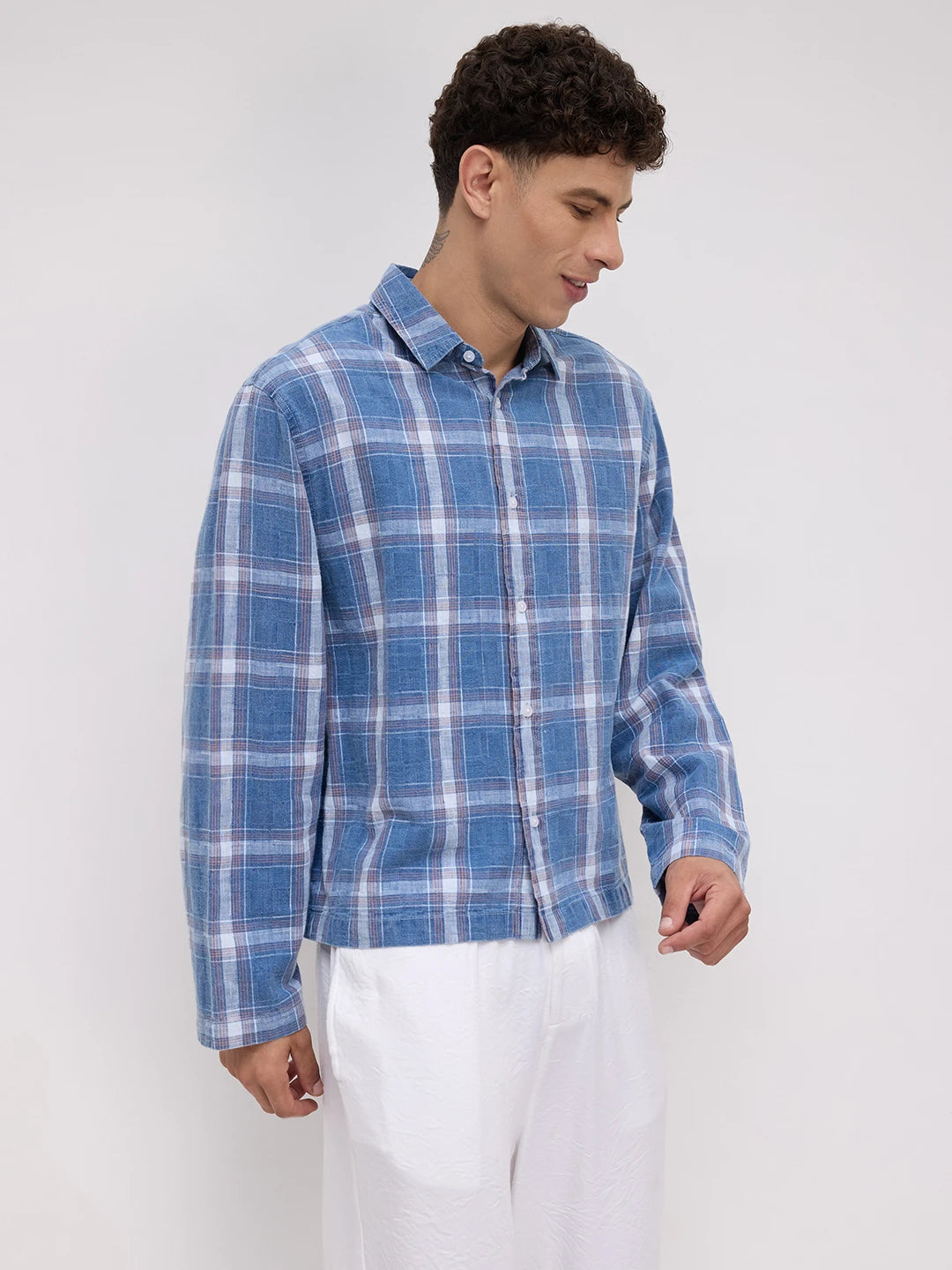 Timeless Denim Plaid Checks Cuffless Oversized Shirt