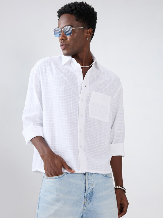 Snow White Micro Grid Textured Weave Boxy Fit Crop Shirt