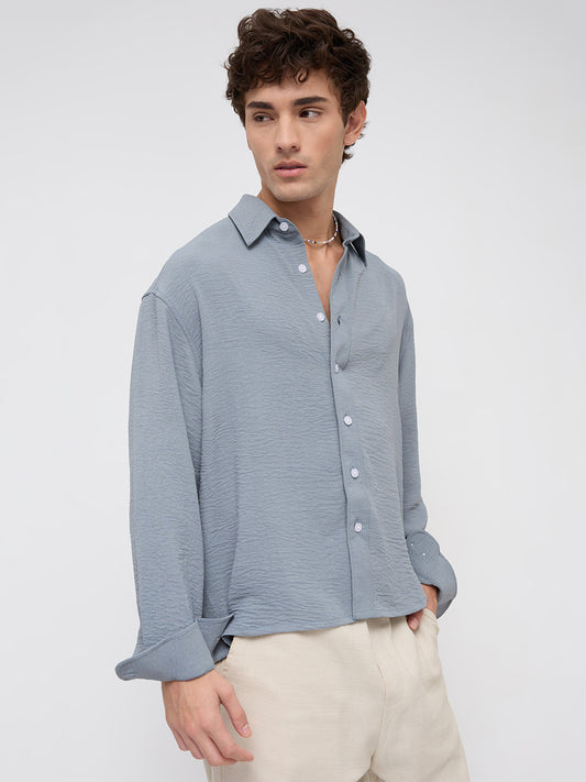 Plush Steel Grey Lightweight Crinkled Boxy Fit Crop Shirt