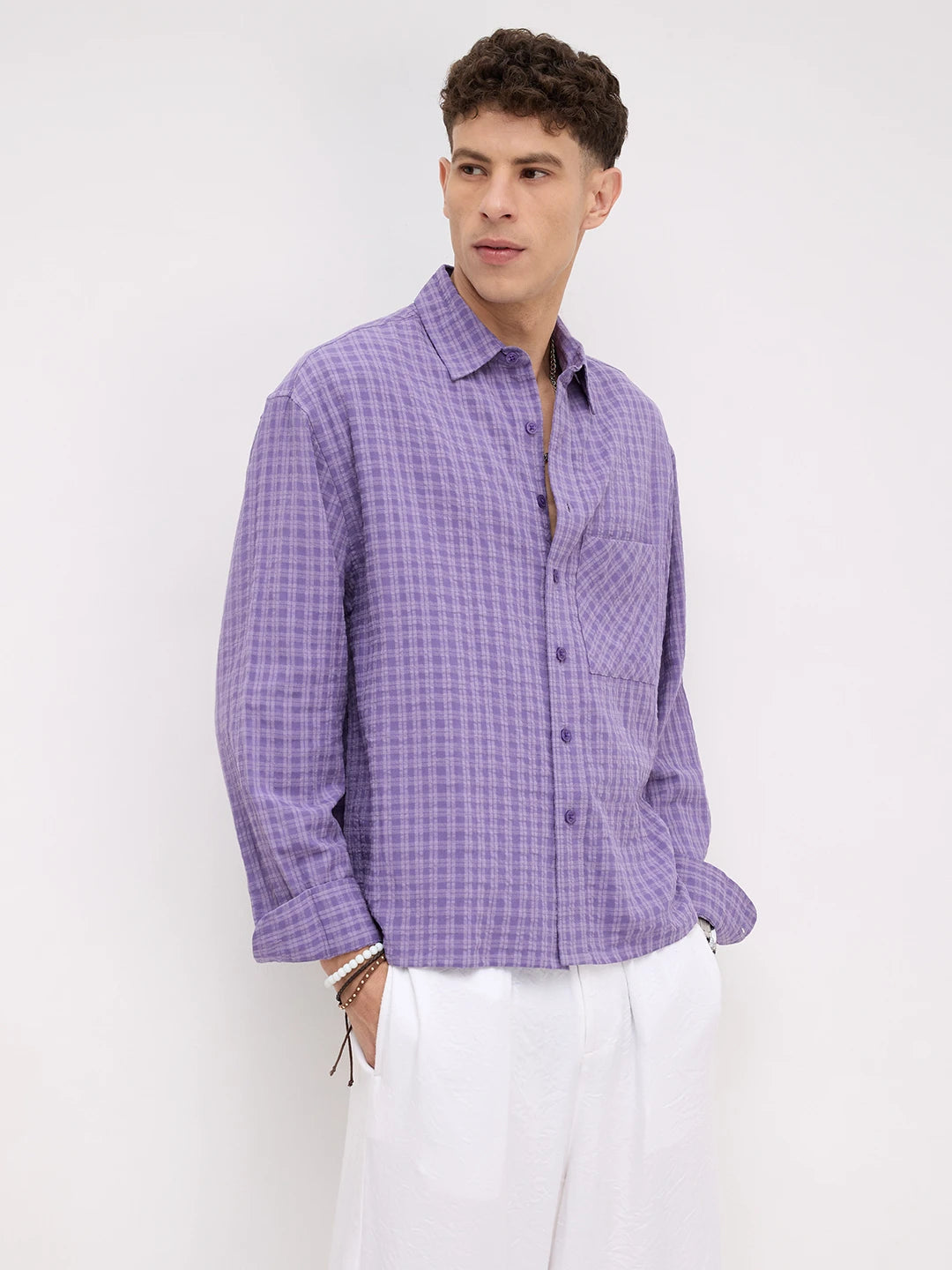 Purple Shadow Checks Boxy Fit Crop Shirt