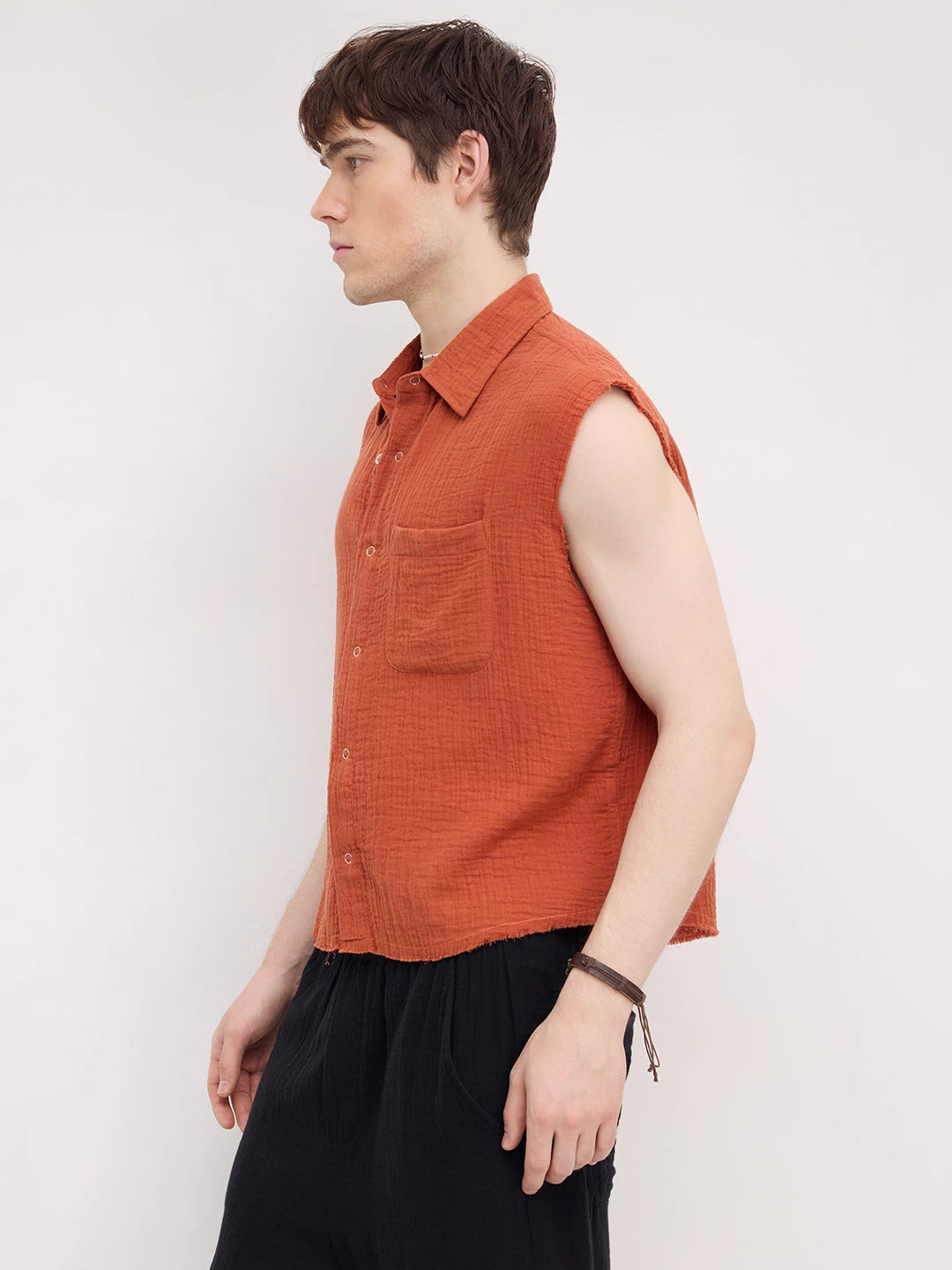 Trendy Fiery Rust Sleeveless Cropped Shirt