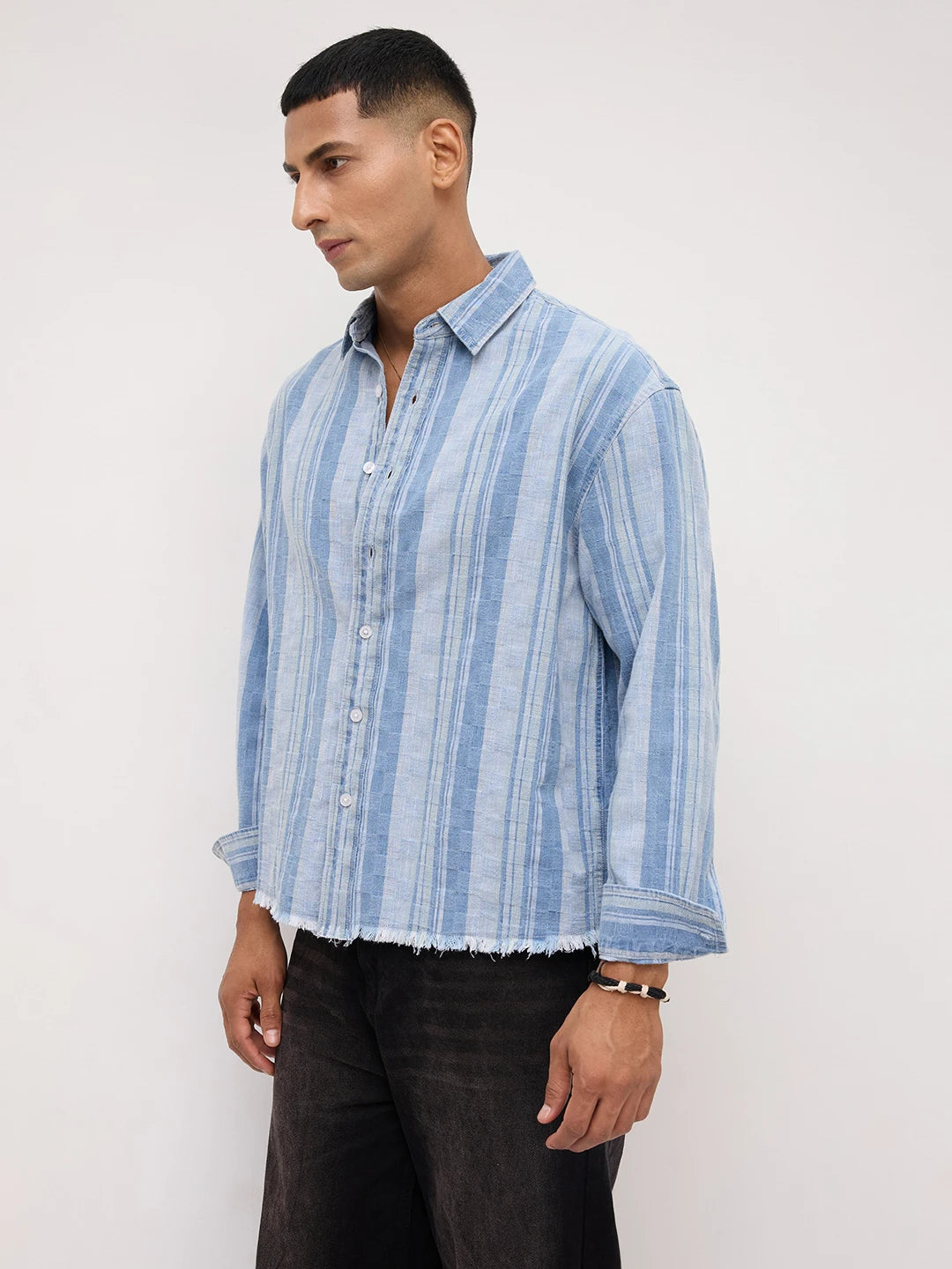 Distressed Hem Denim Blue Variegated Striped Boxy Fit Crop Shirt