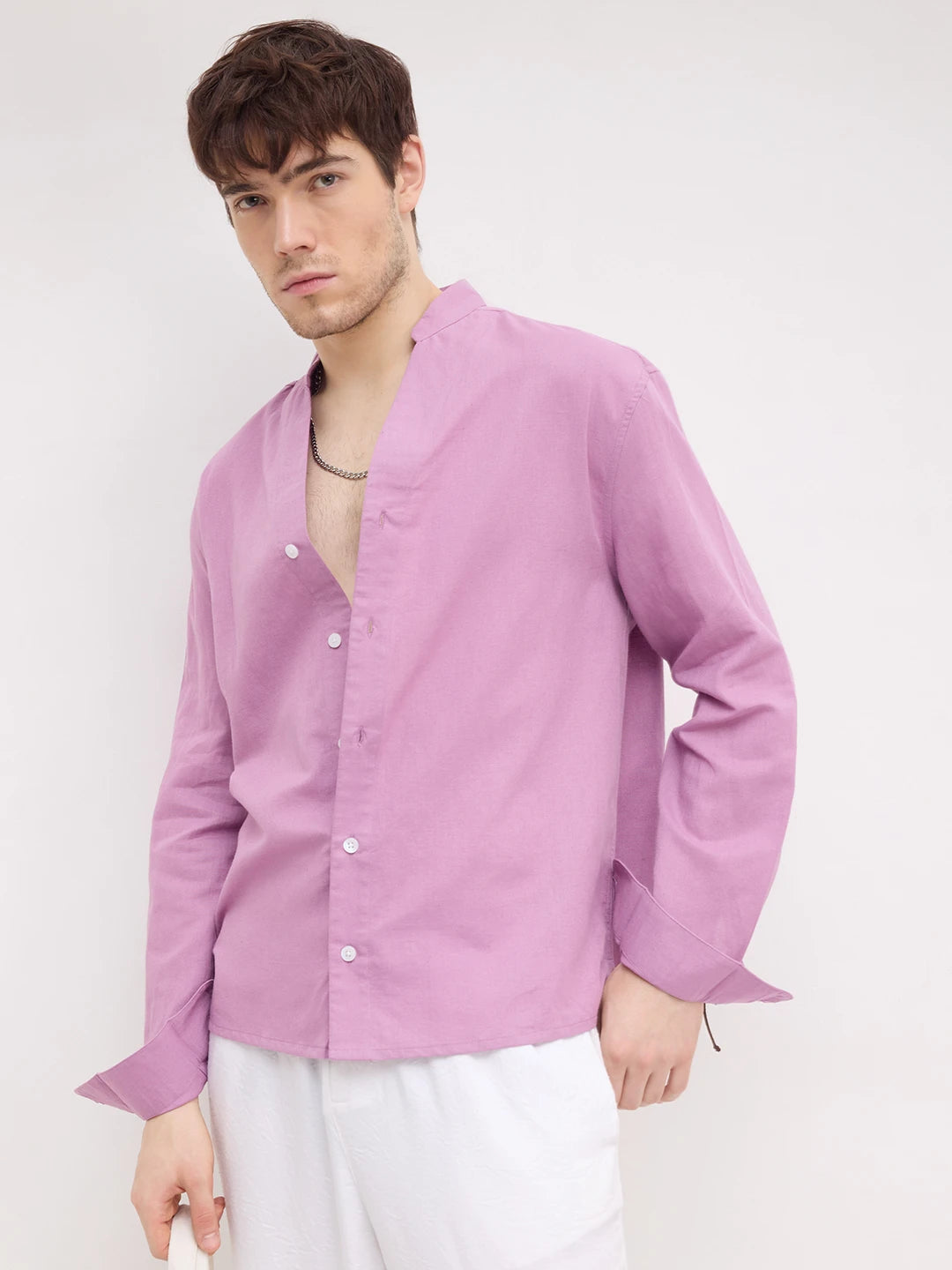 Rich Lilac Linen Blend Stand Collar Oversized Shirt