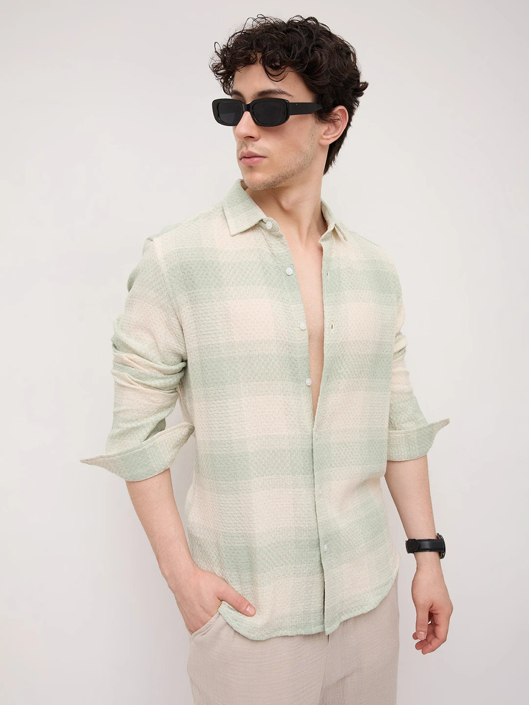 Soft Sage Honeycomb Grid Weave Shirt