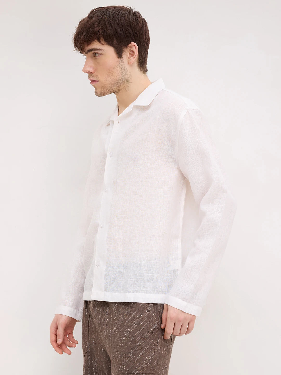 Off-White Sheer Textured Notch Collar Oversized Vacation Shirt