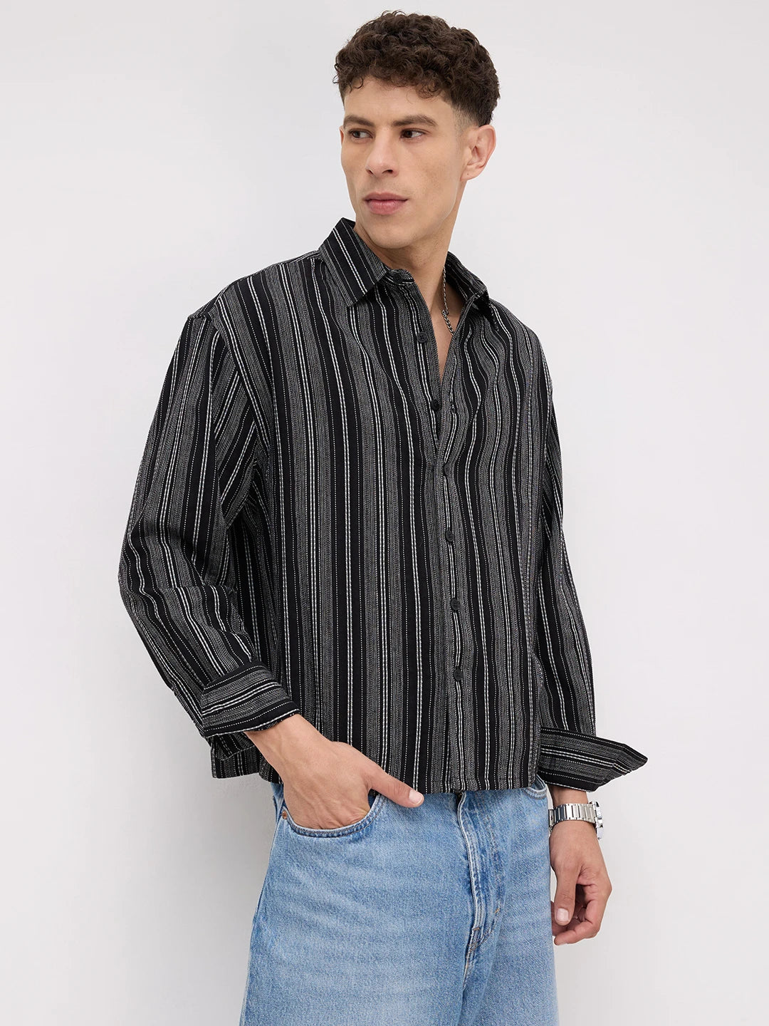Artisan Monochrome Contrast Striped Boxy Fit Crop Shirt