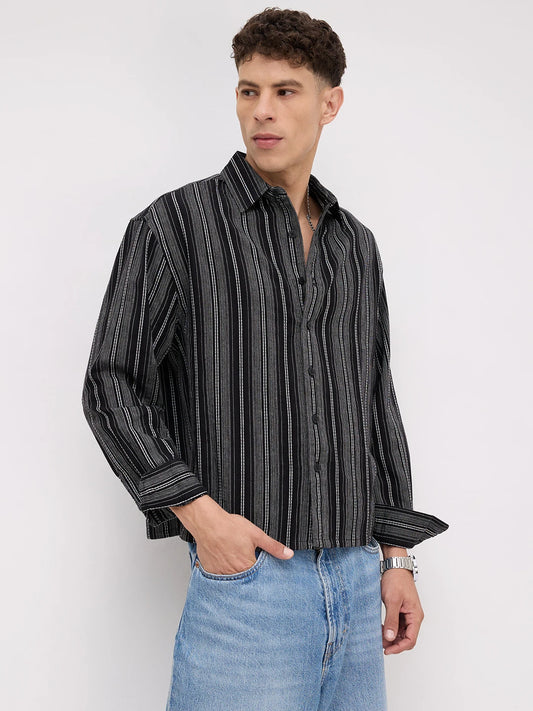 Artisan Monochrome Contrast Striped Boxy Fit Crop Shirt