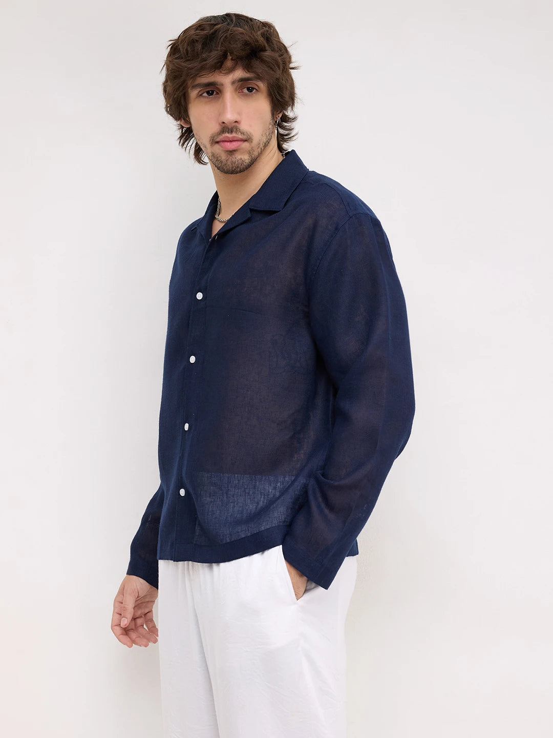Navy Sheer Textured Notch Collar Oversized Shirt