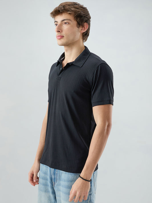 Refined Black Hairline Striped Polo Knit T-Shirt