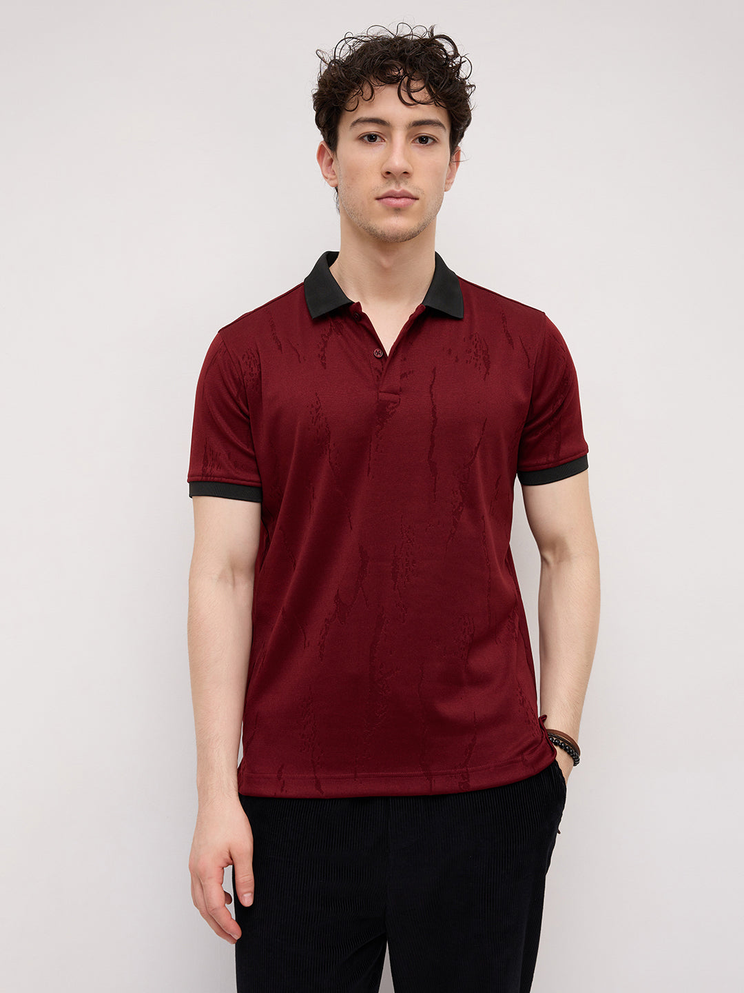 Aesthetic Maroon Textured Contrast Polo Knit T-Shirt