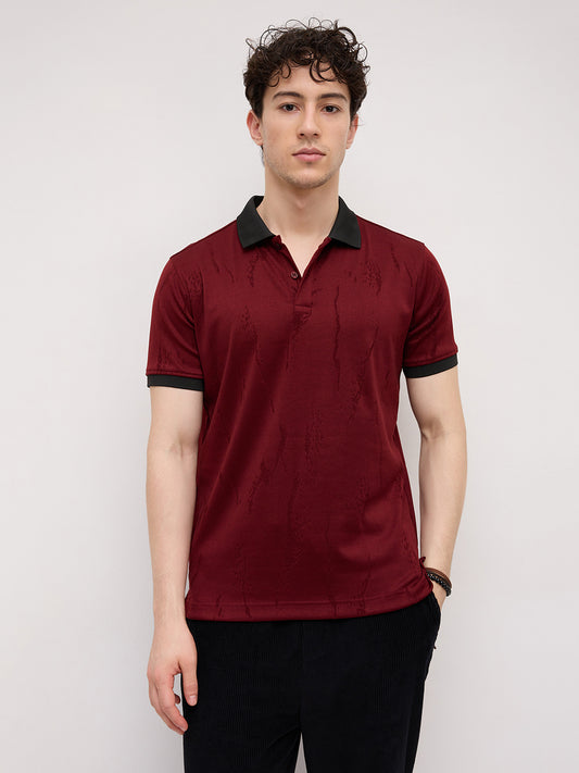Aesthetic Maroon Textured Contrast Polo Knit T-Shirt