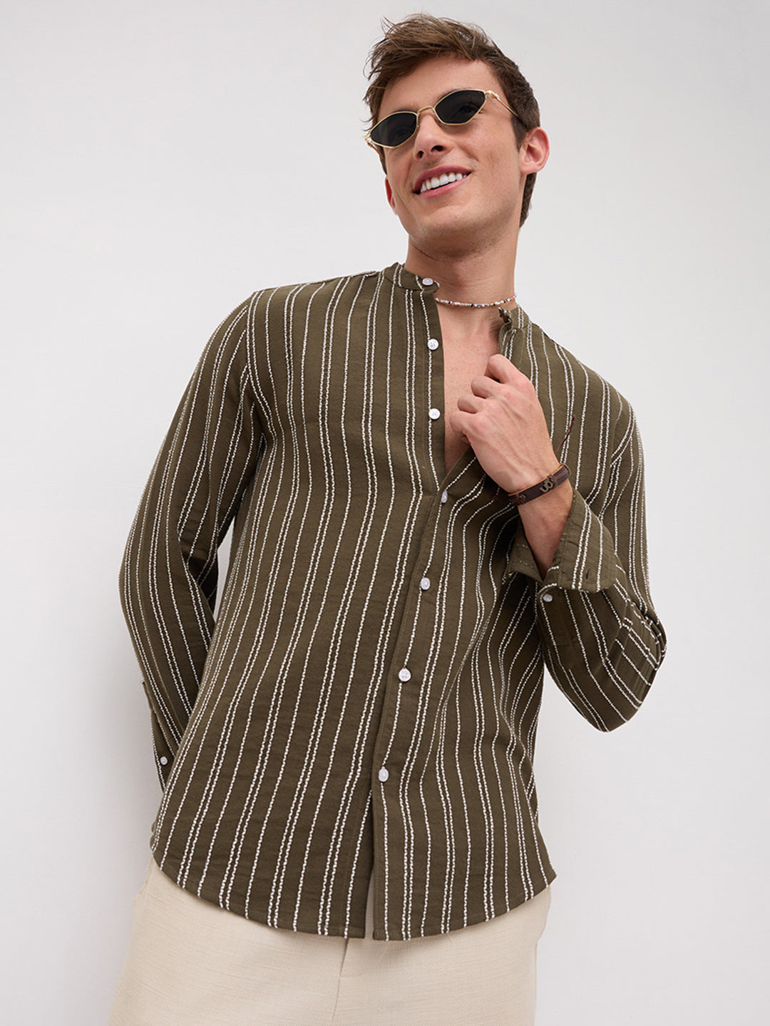 Olive & Ivory Striped Embroidered Mandarin Shirt