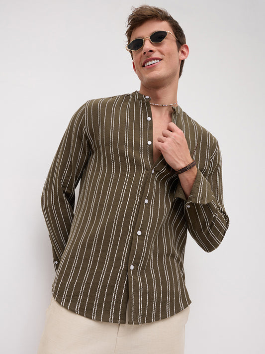 Olive & Ivory Striped Embroidered Mandarin Shirt
