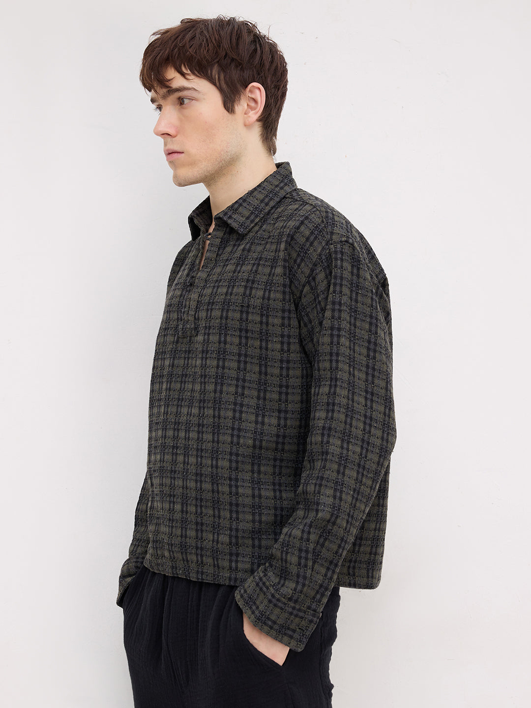 Refined Onyx Black Diamond Weave Loop Button Oversized Flannel Shirt