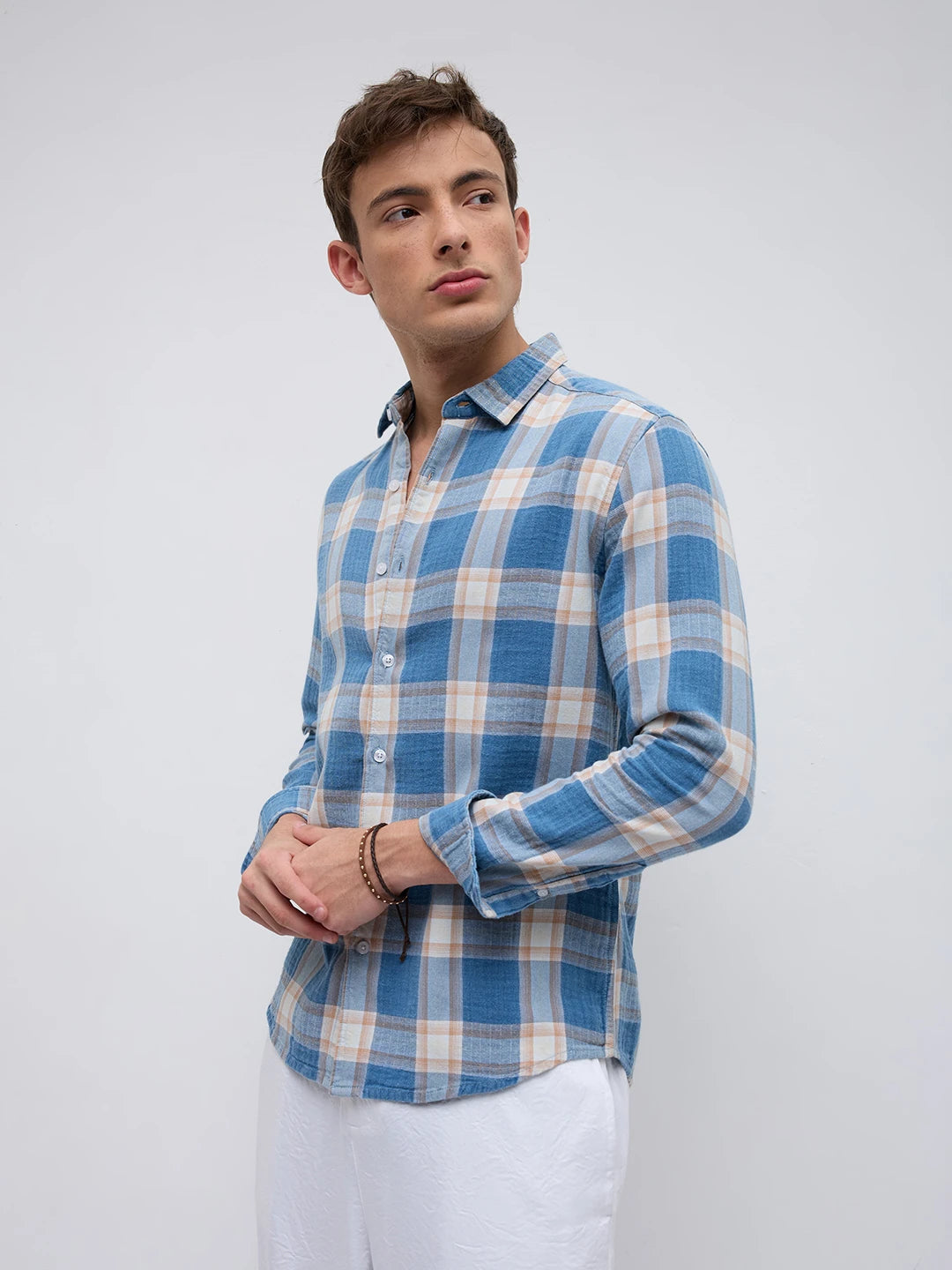 Denim Blue & Beige Tartan Checked Shirt