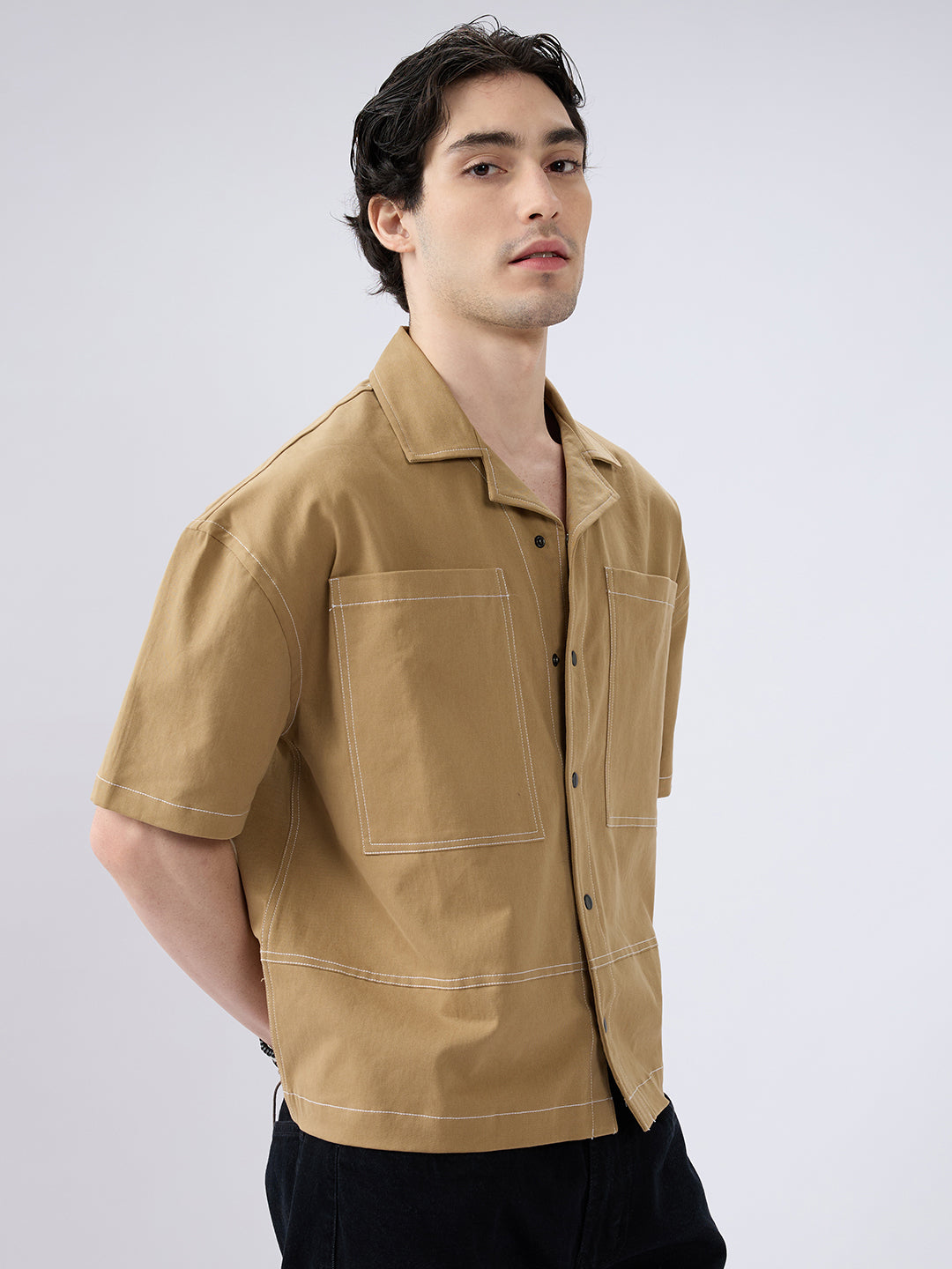 Khaki Contrast Stitch Twin Pocket Oversized Crop Shirt