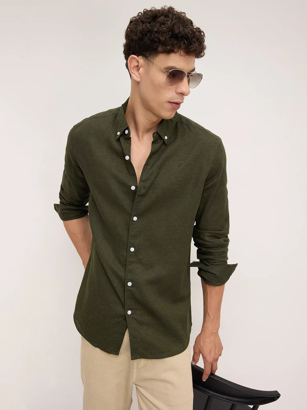 Forest Green Button-Down Collar Linen Blend Shirt