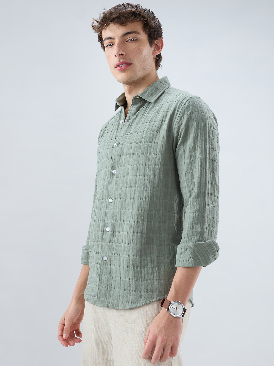 Sage Green Box Weave Double Cloth Seersucker Shirt