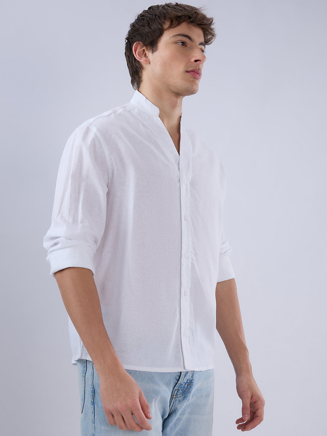 Pure White Linen Blend Stand Collar Oversized Shirt