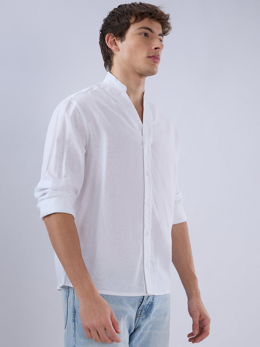 Pure White Linen Blend Stand Collar Oversized Shirt