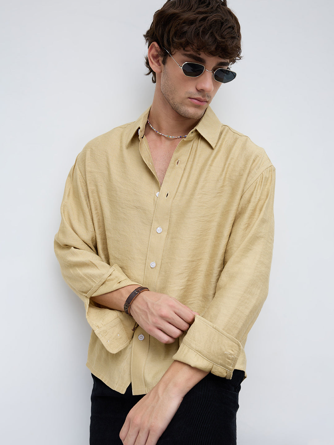 Dessert Gold Textured Boxy Fit Crop Shirt