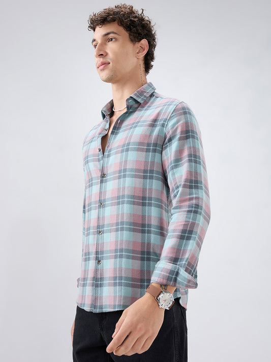 Vintage Blue Diagonal Textured Overlay Checks Shirt