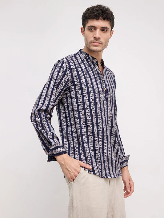 Navy & White Ethnic Motifs Printed Kurta