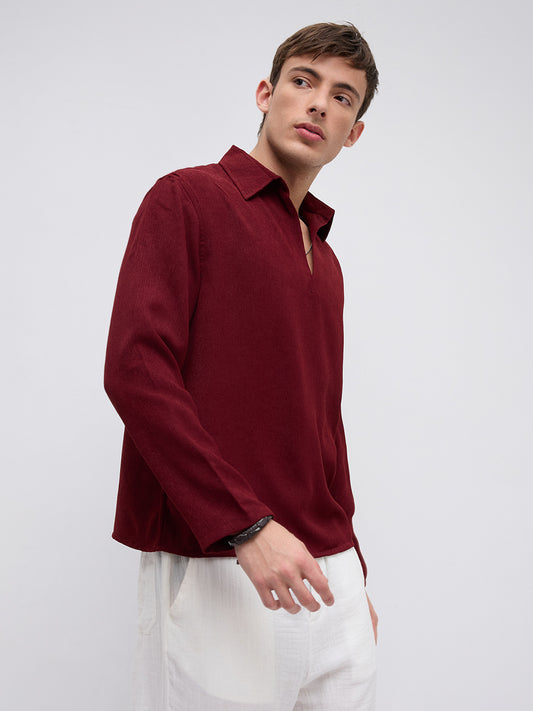 Currant Red Crepe Oversized Polo Shirt
