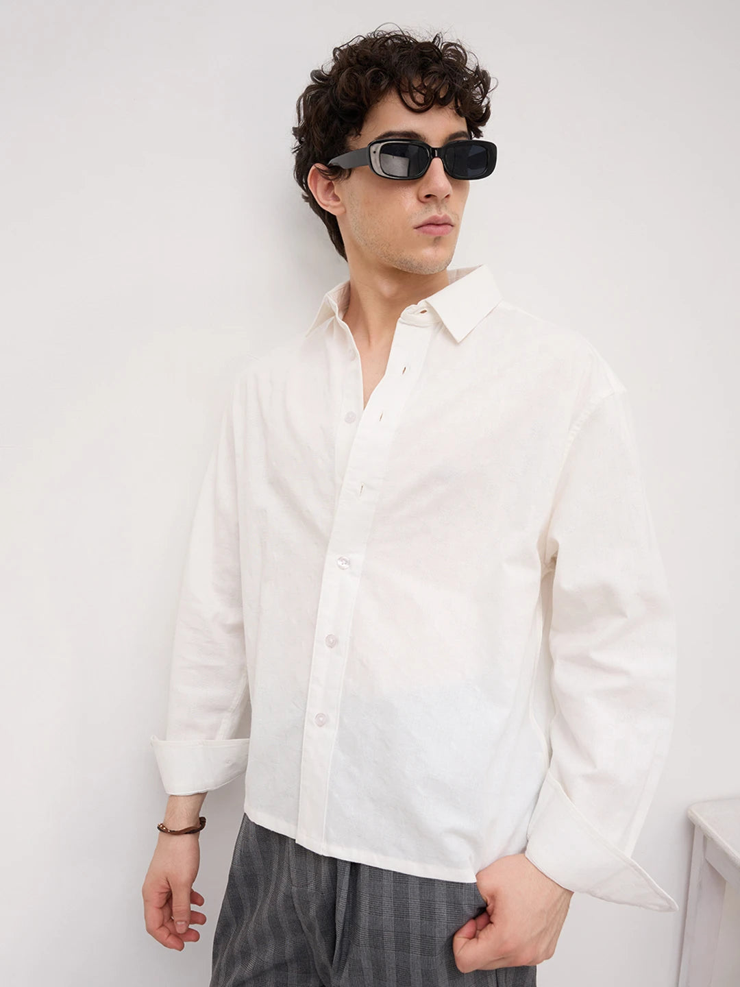 Luxe Pearl White Square Embossed Boxy Fit Crop Shirt