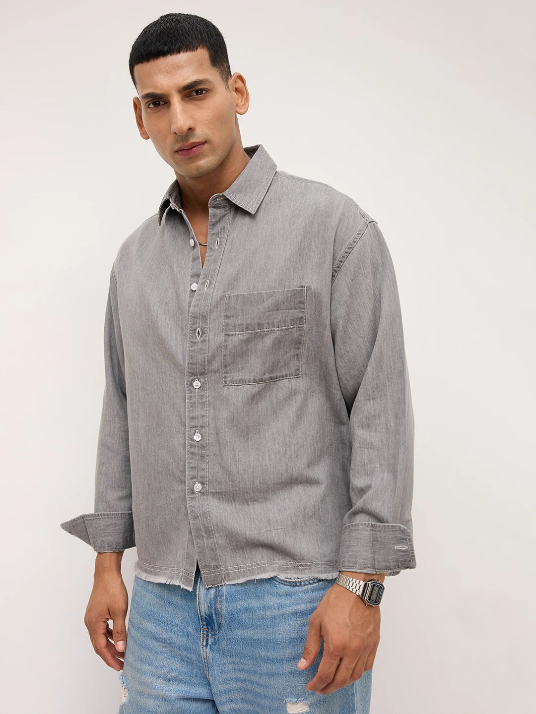 Refined Stonewashed Grey Boxy Fit Crop Shirt