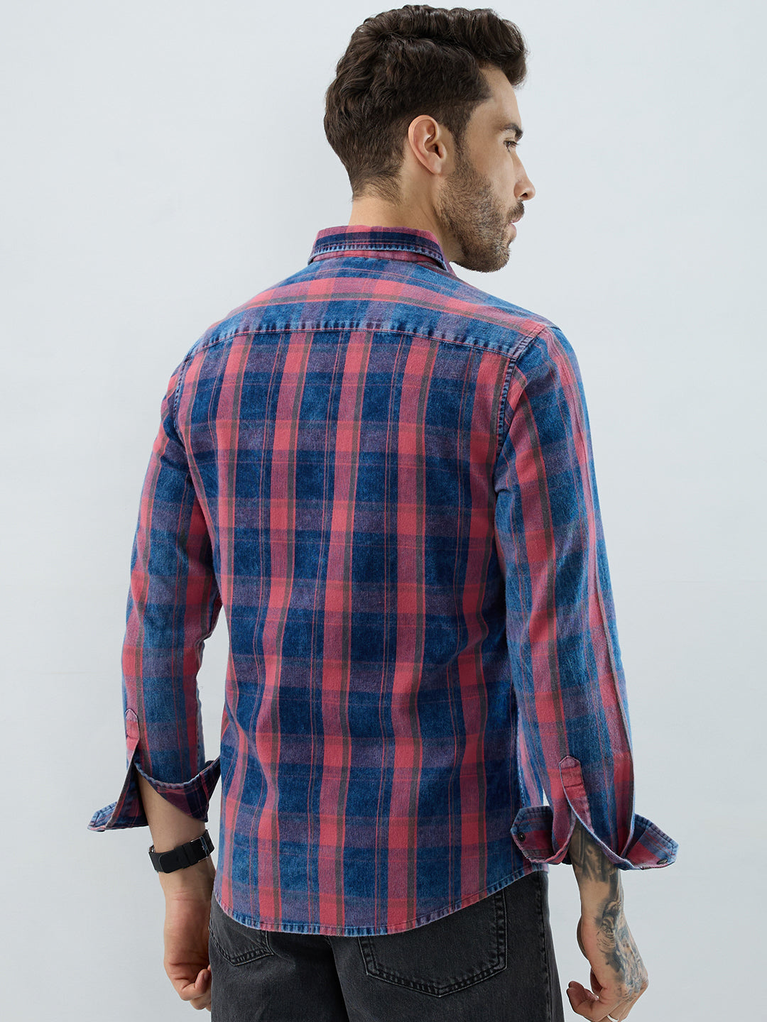 Elegant Navy & Desire Red Denim Plaid Checks Shirt