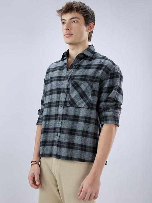 Olive & Black Multicolor Boxy Fit Crop Shirt