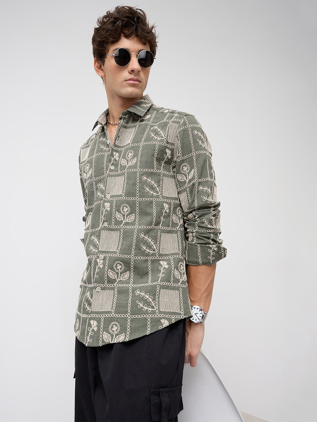 Olive Artisan Frame Embroidered Slub Shirt