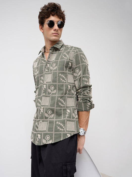 Olive Artisan Frame Embroidered Slub Shirt