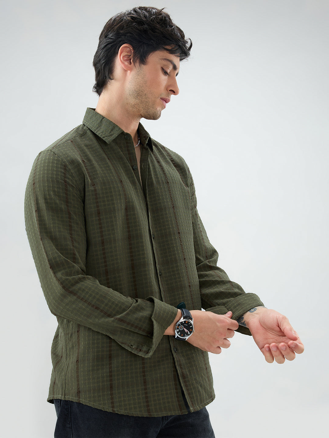 Olive Micro Checks Textured Shirt