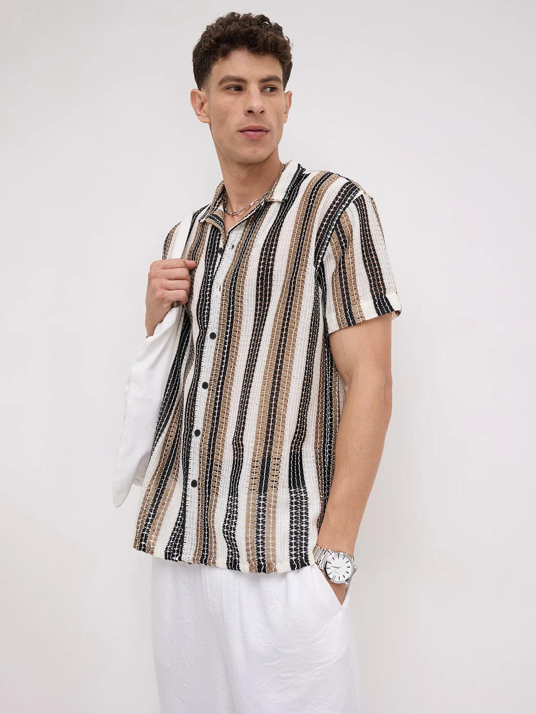 White Boho Weave Striped Crochet Shirt