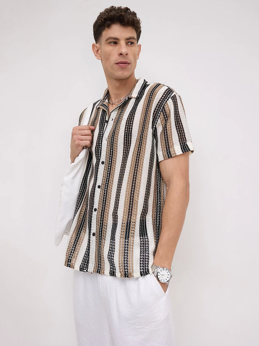 White Boho Weave Striped Crochet Shirt