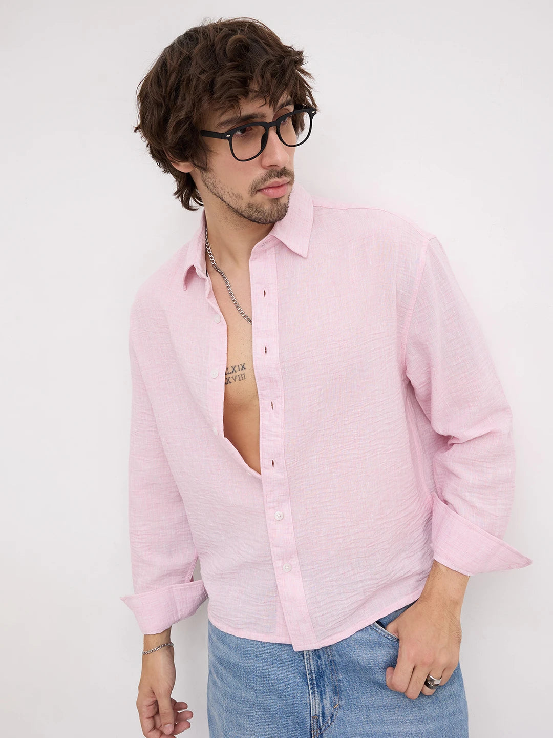 Lustrous Blush Pink Textured Boxy Fit Crop Shirt