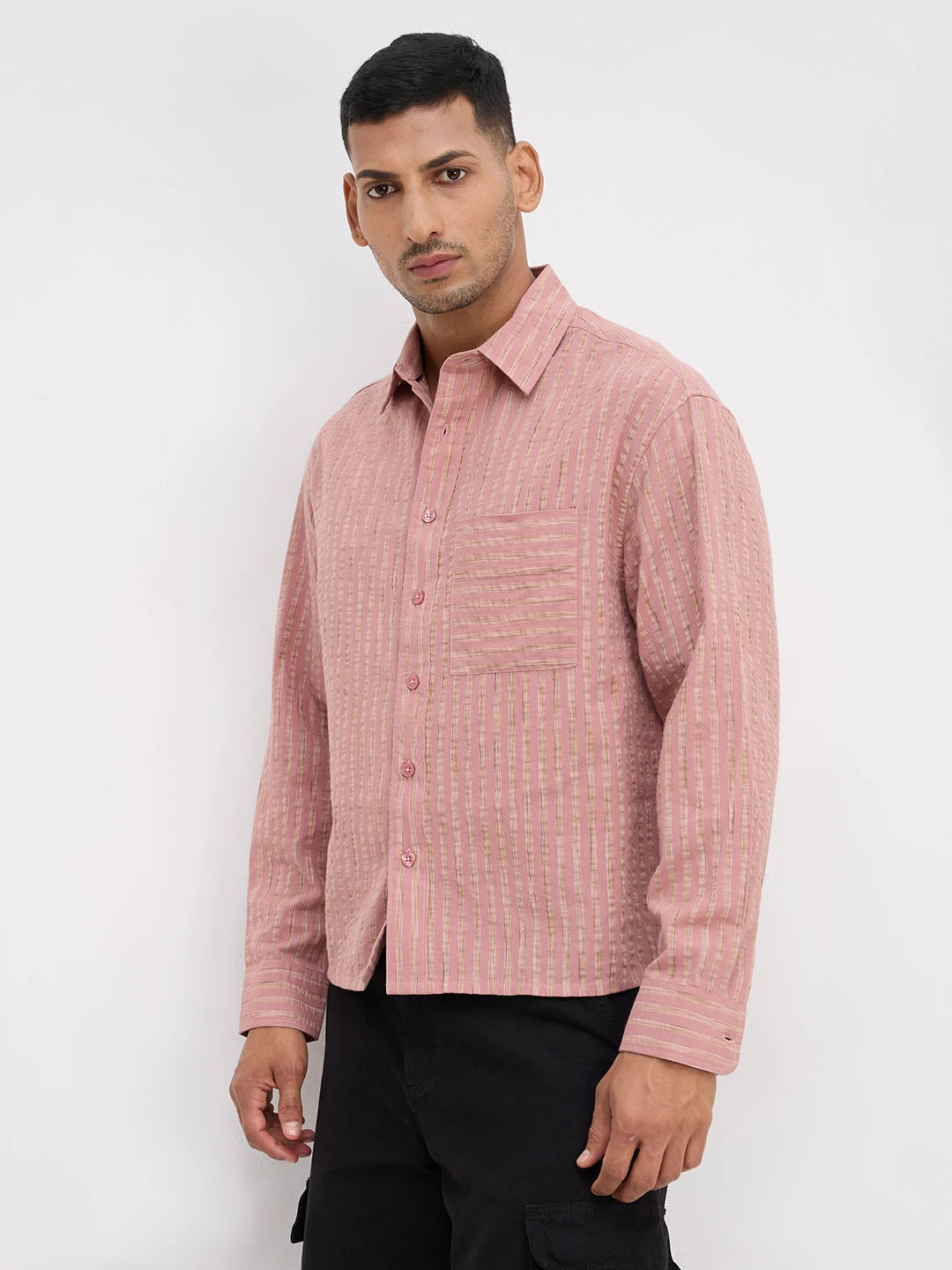 Georgia Peach Fine Seersucker Striped Boxy Fit Crop Shirt
