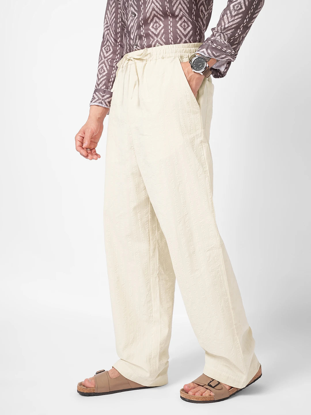 Natural Beige Seersucker Straight Fit Trousers