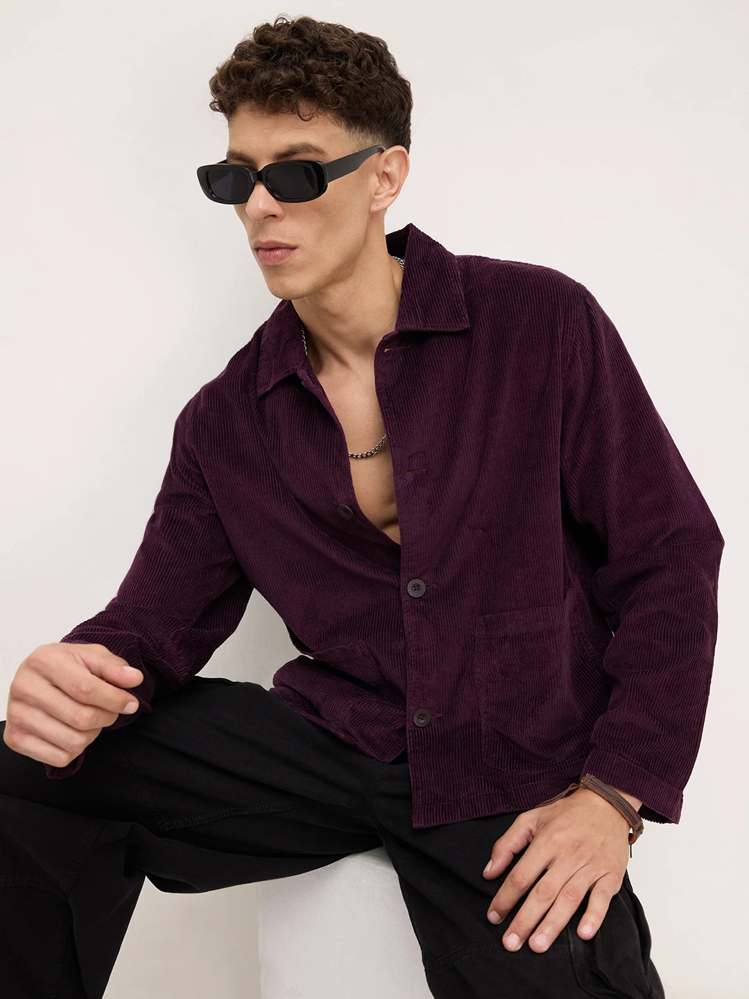 Exquisite Wine Corduroy Double Pocket Oversized Shacket